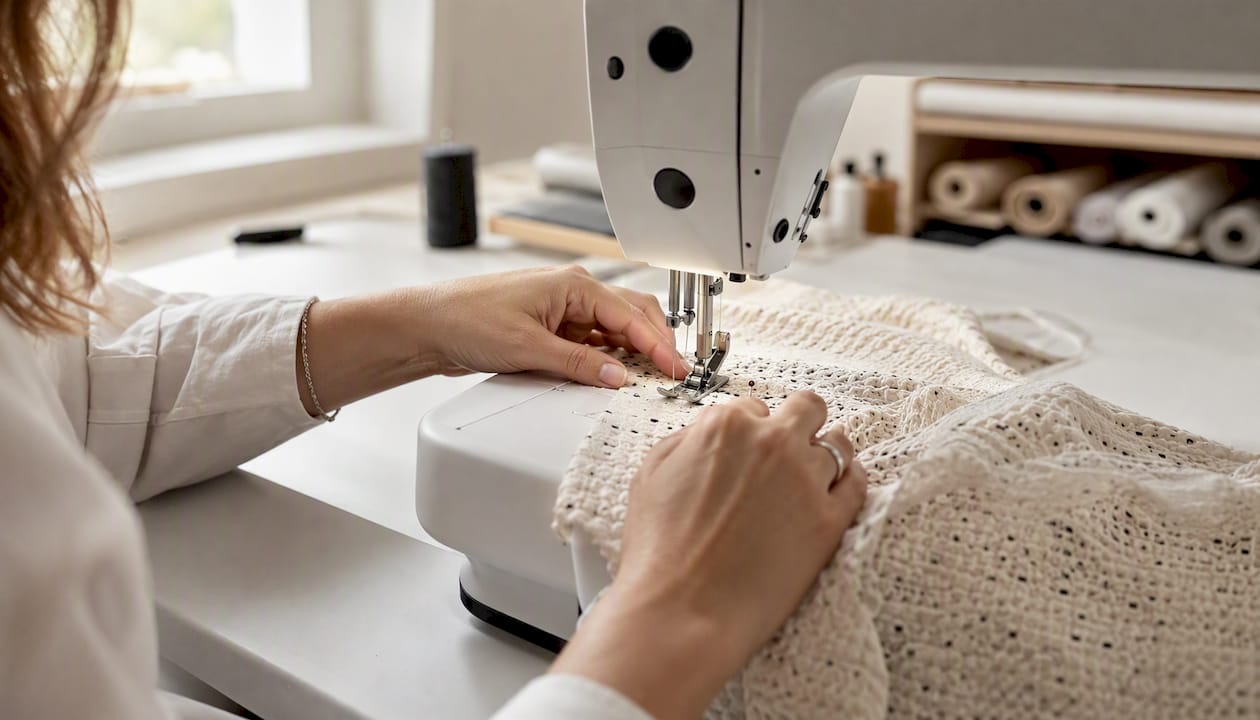 Des mains expertes manipulent un tissu innovant sous l’aiguille de la machine à coudre.