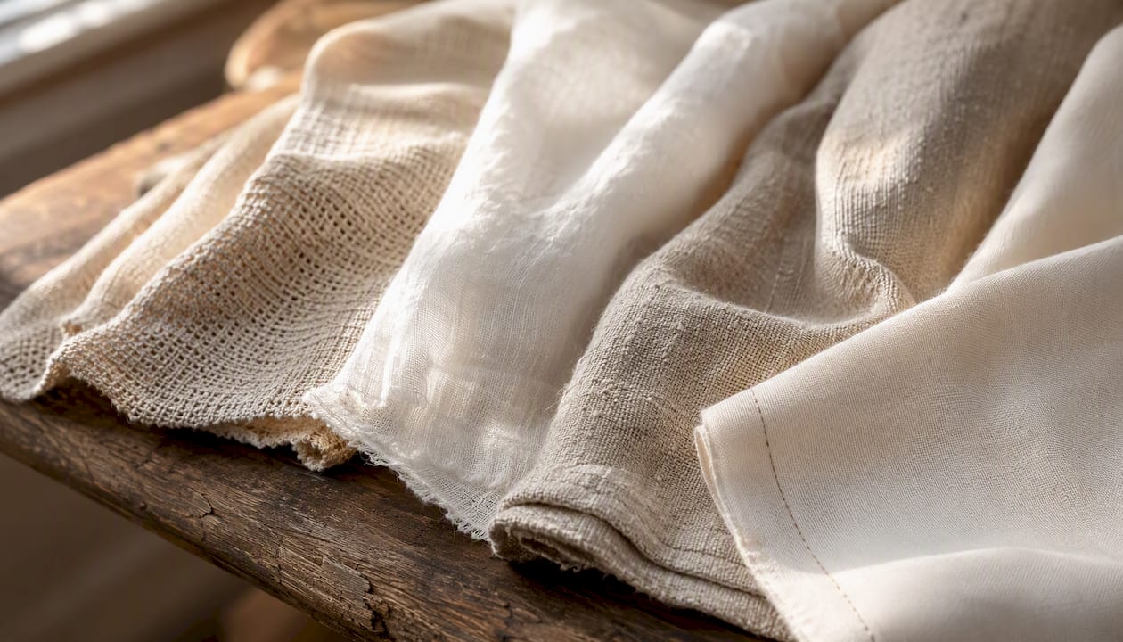 Textured natural fiber fabrics arranged flat