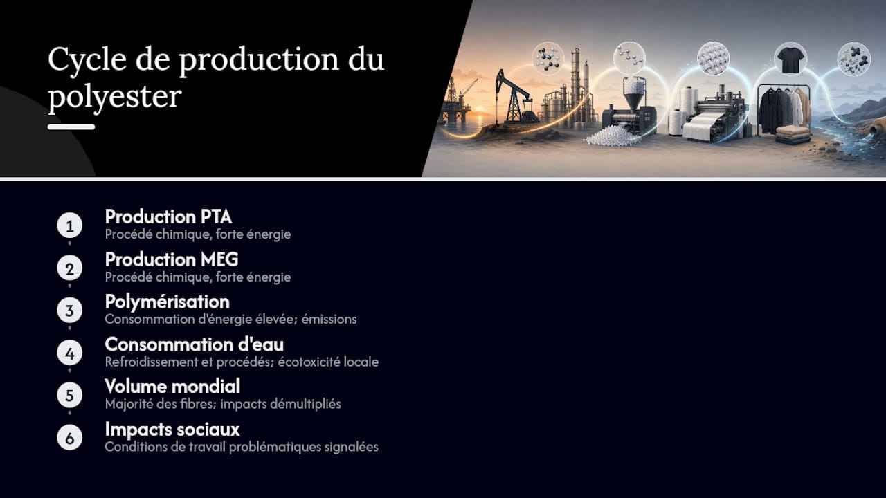 Schéma illustrant les impacts environnementaux liés à la fabrication du polyester
