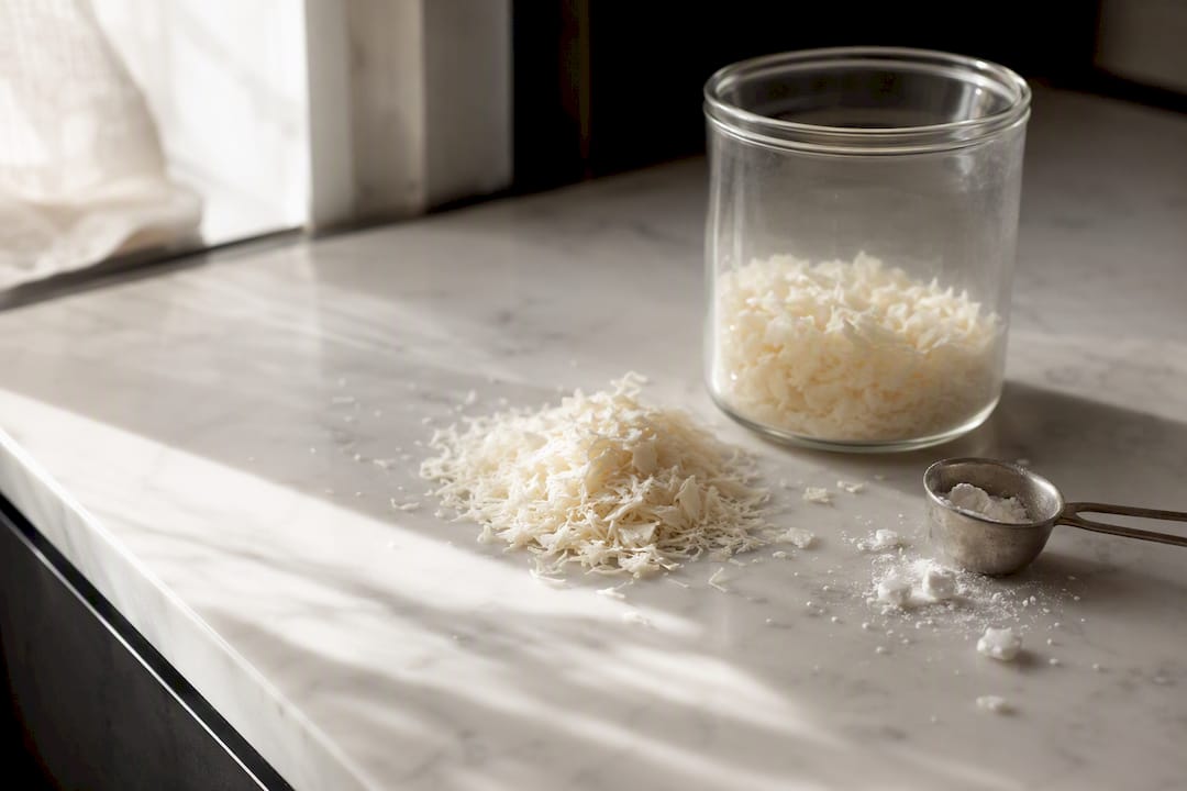 Paillettes de savon de Marseille râpées accompagnées d'une cuillère doseuse