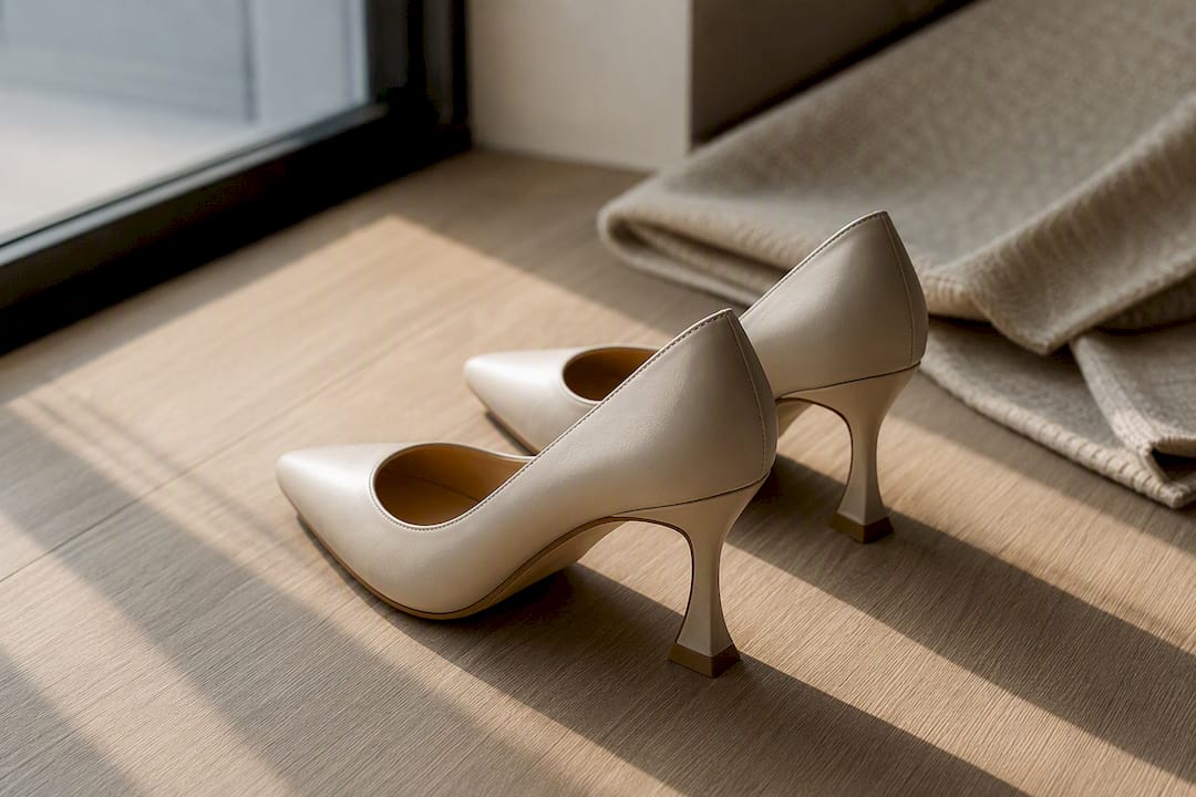 Elegant comfortable heels on wooden floor