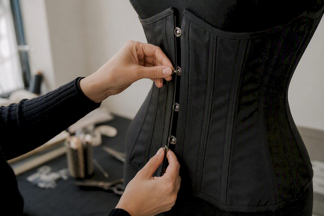 Mains fermant l'attache du corset