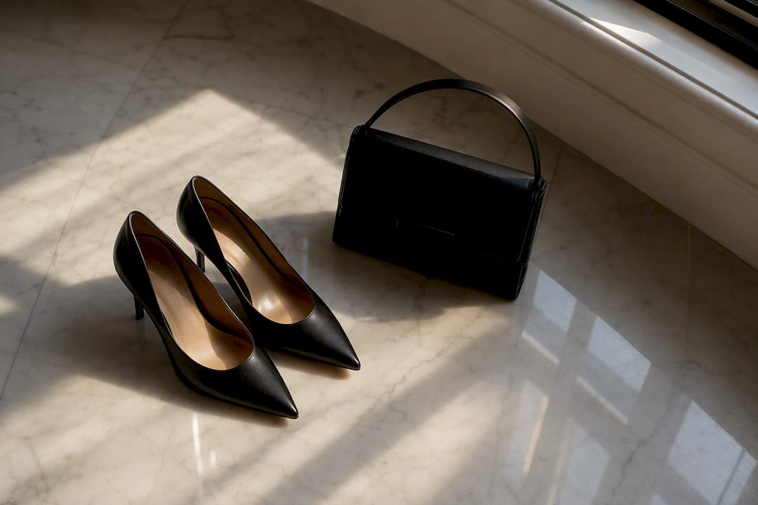 Escarpins noirs et pochette posés sur du marbre
