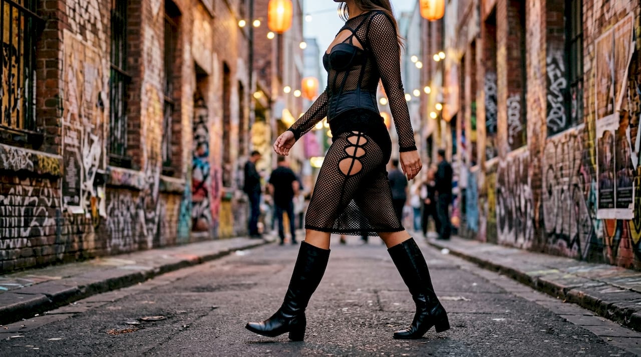 Look atrevido para festival con vestido de malla y corsé
