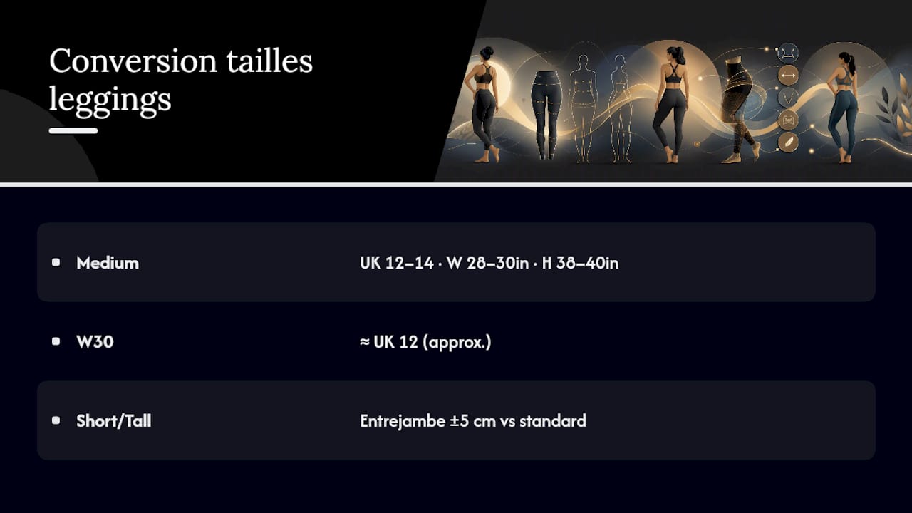 Tableau de correspondance des tailles de legging au Royaume-Uni avec lettres