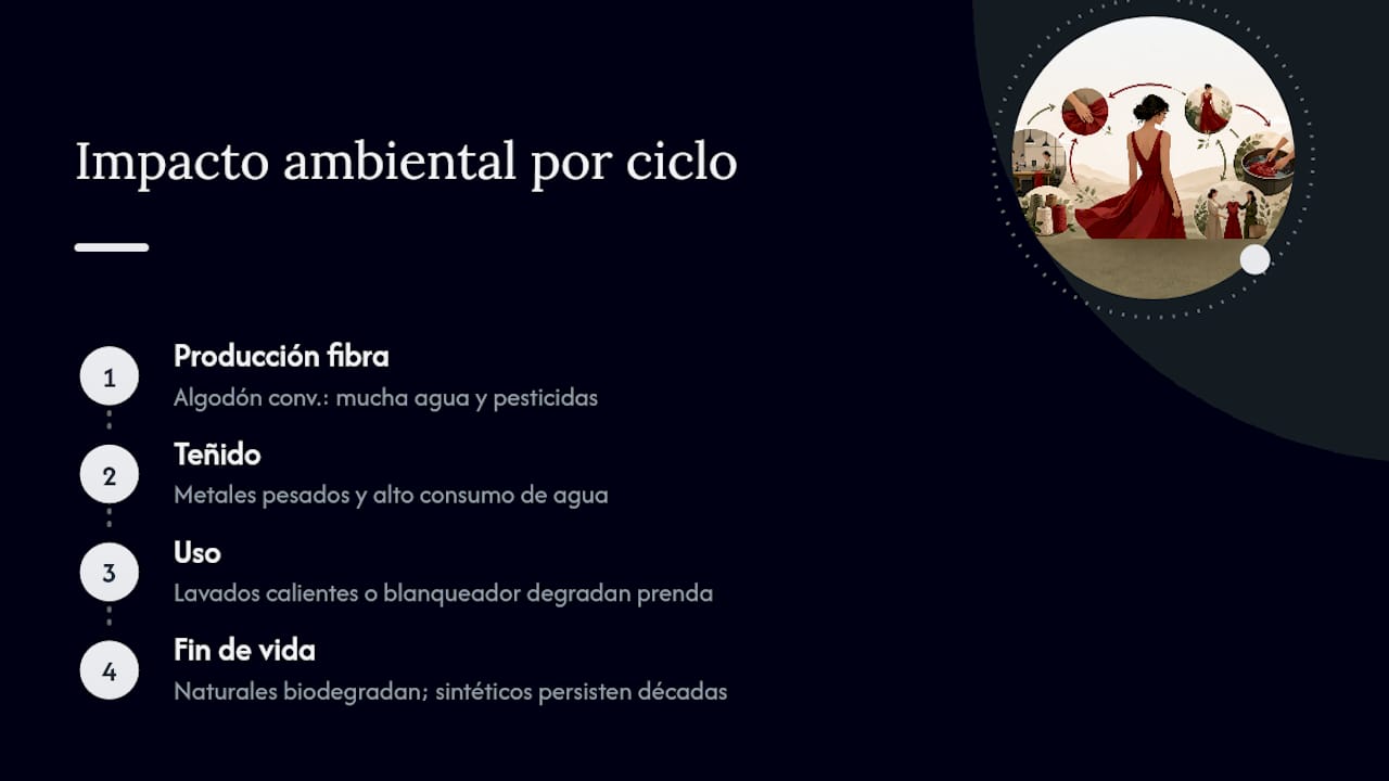 Diagrama del impacto ambiental en el ciclo de vida de un vestido rojo