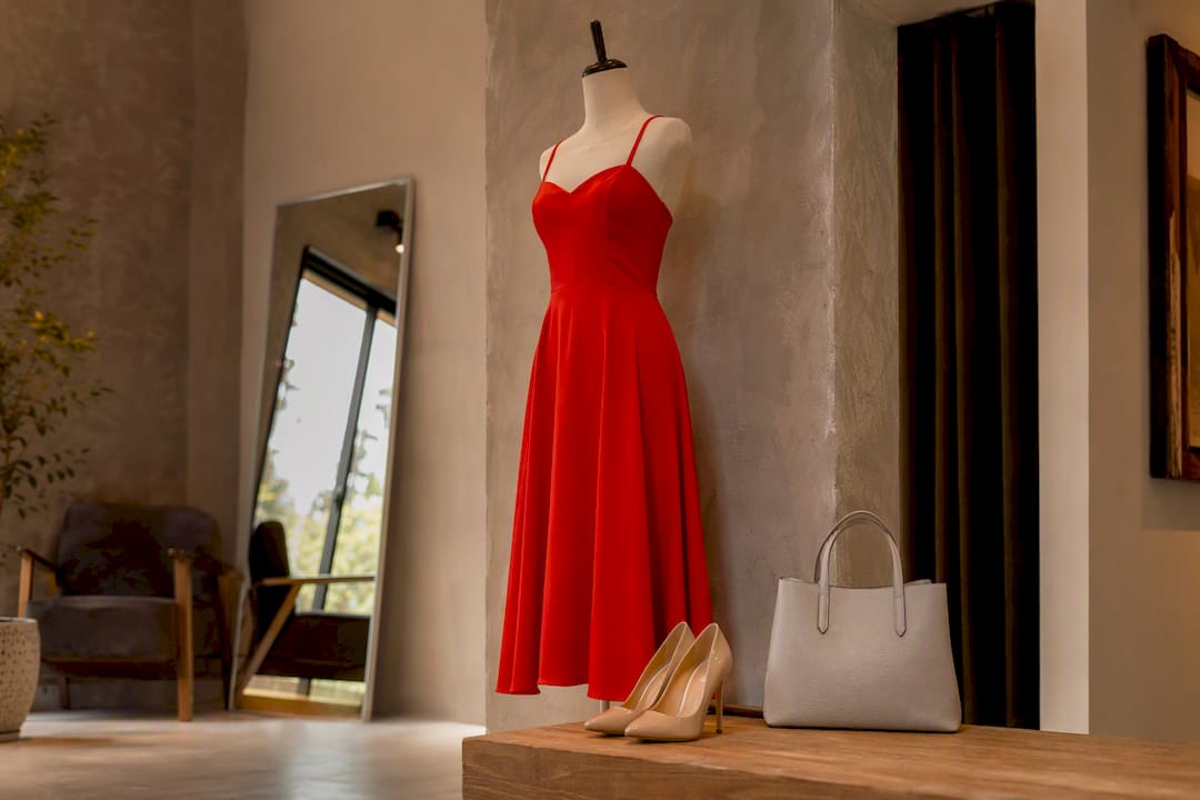 Vestido rojo con accesorios neutros sobre una superficie