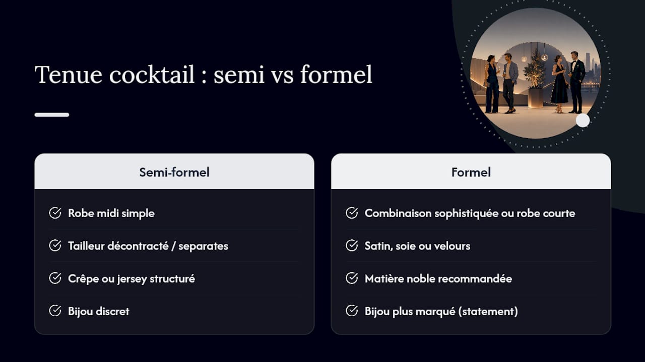 Schéma comparant les éléments d’une tenue de cocktail formelle et semi-formelle