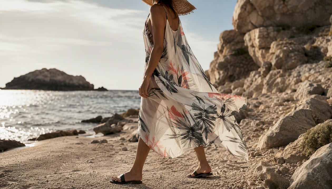 Vestido semitransparente sobre bañador en la playa