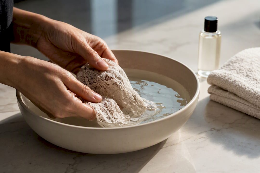 Mains lavant délicatement une bralette