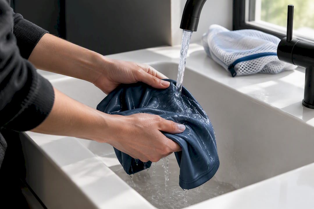 Manos lavando tela sintética con agua fría