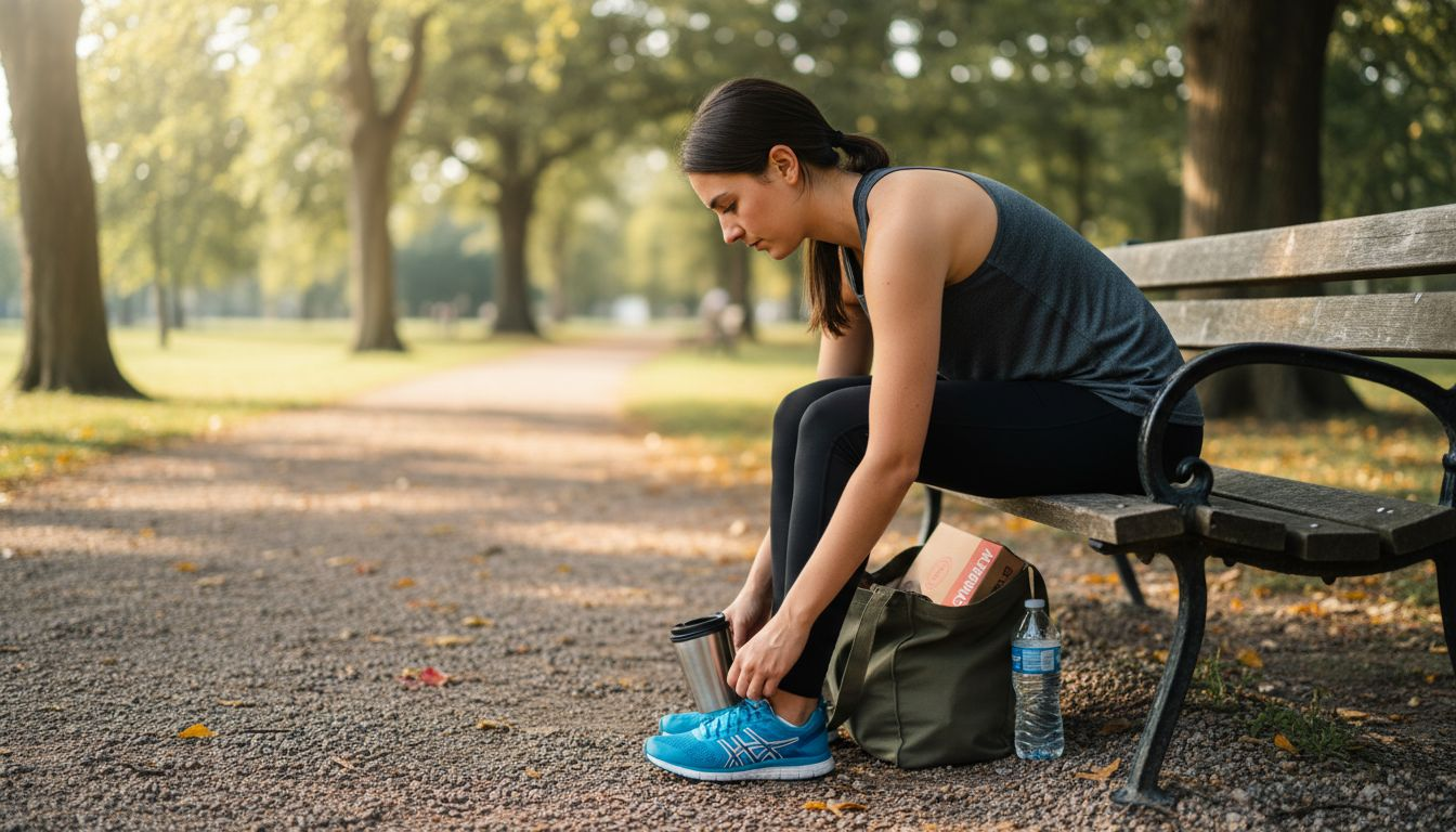 Runner with coffee and delivery package outdoors