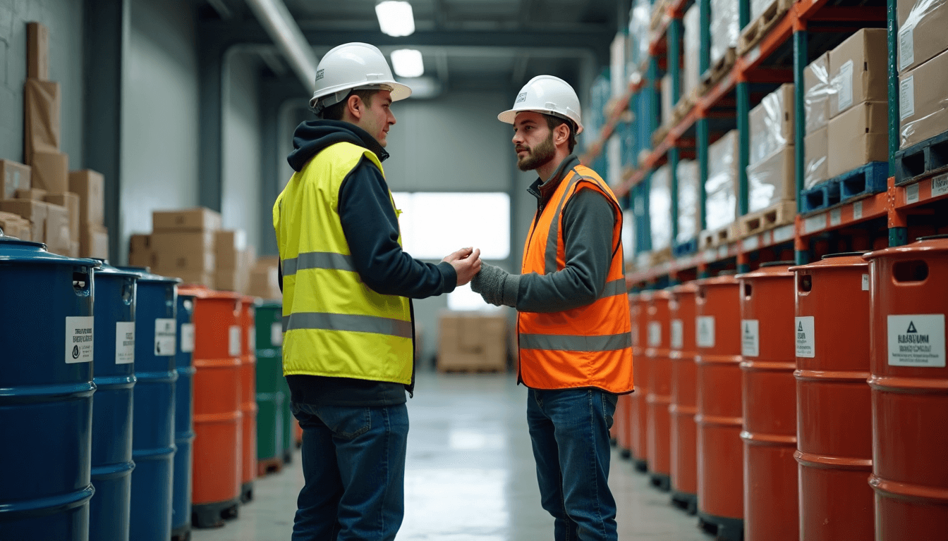 Workers inspecting hazardous waste containers in warehouse