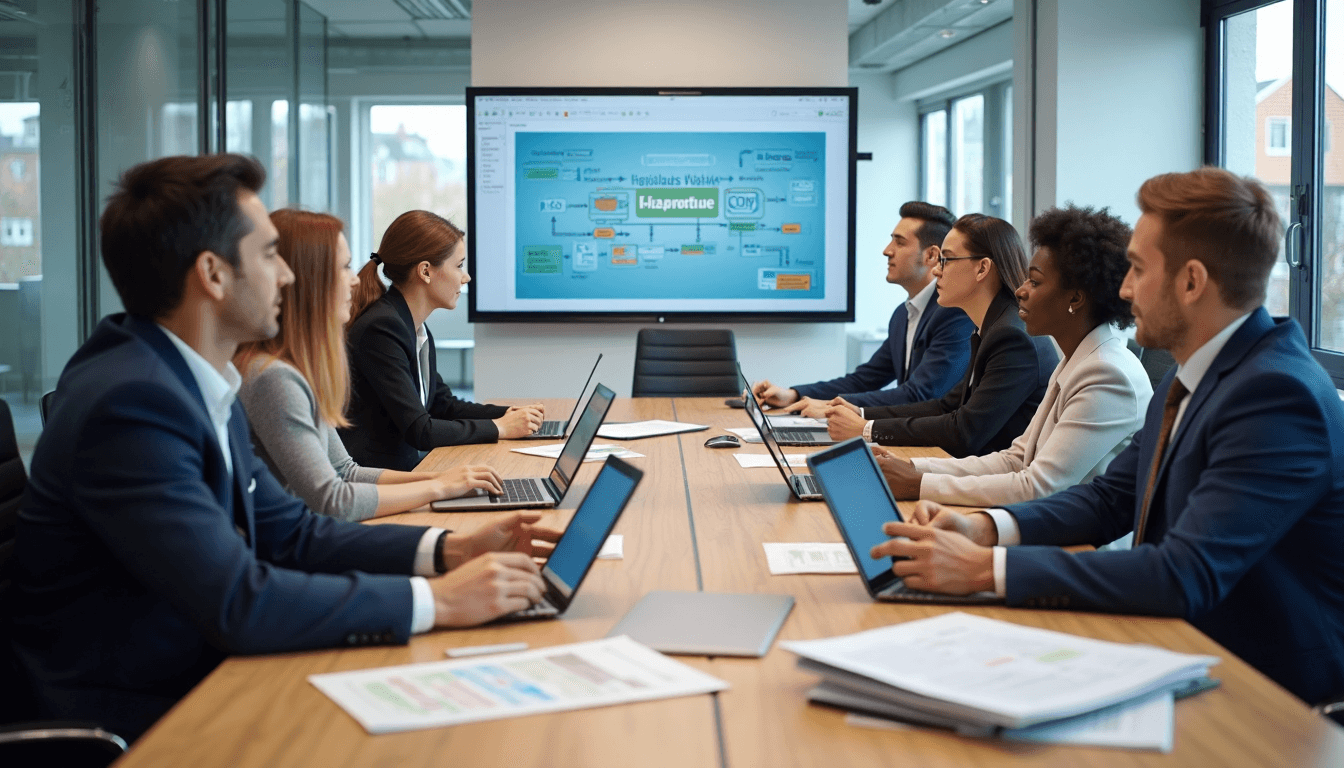 Professionals discuss hazardous waste at a modern office table