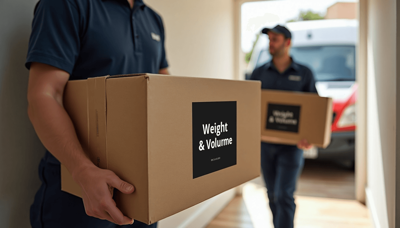 Removal workers carry boxes with Weight & Volume label