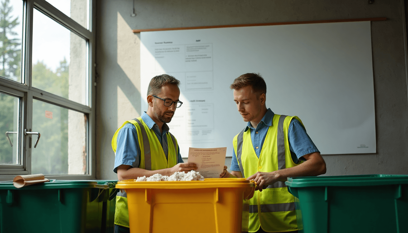 Industrial workers separating waste into labelled recycling bins