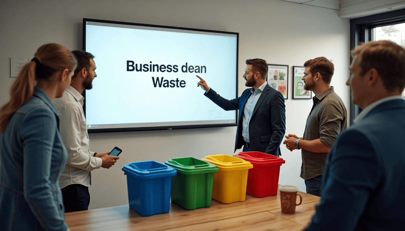 UK office staff sorting waste into recycling bins