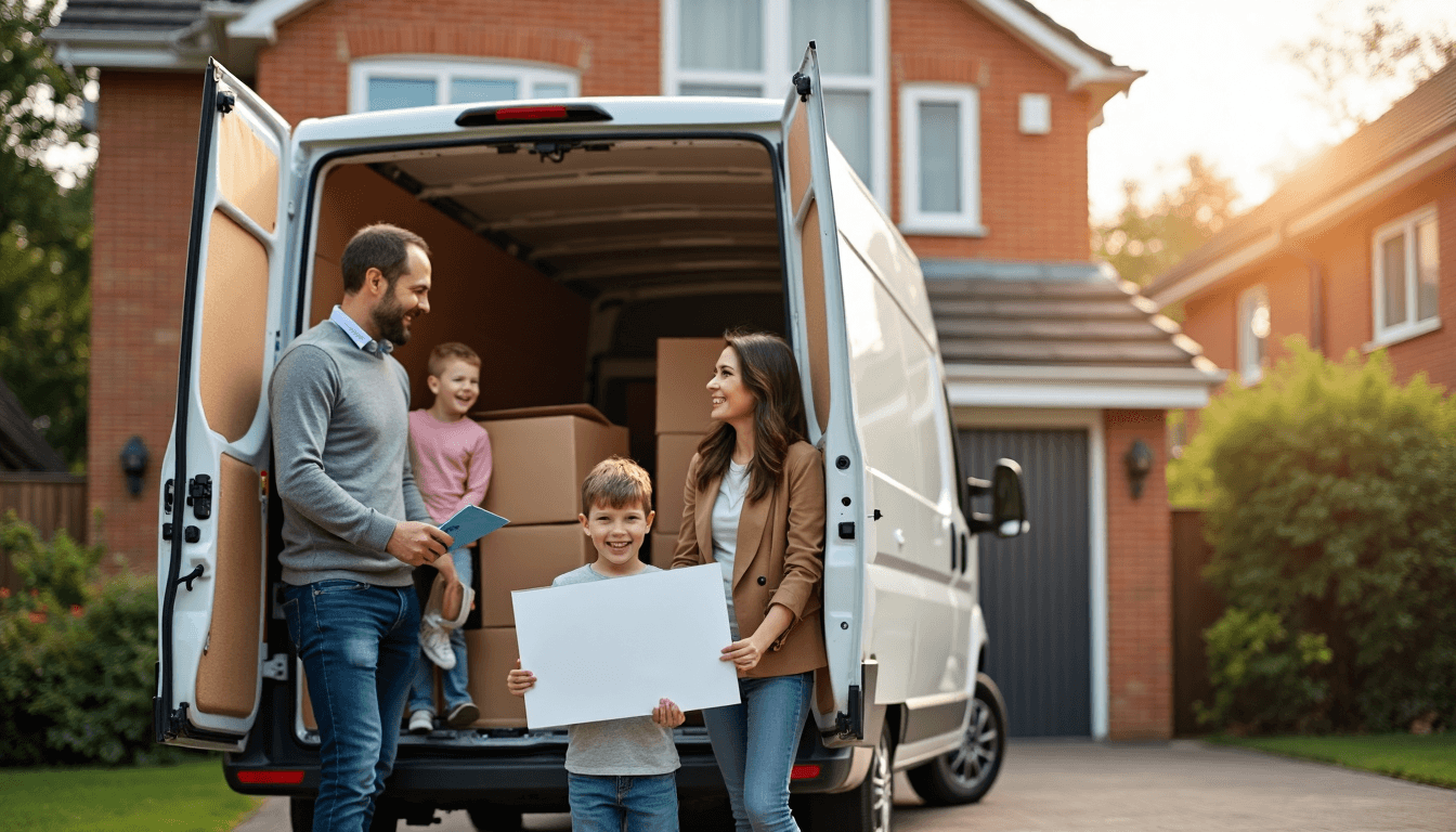 UK family loading boxes into moving van on moving day