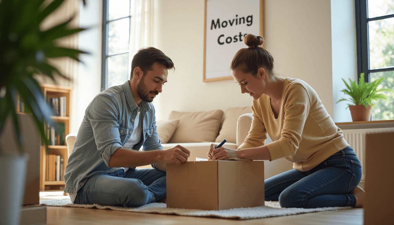 Adults packing boxes in bright UK living room during house move