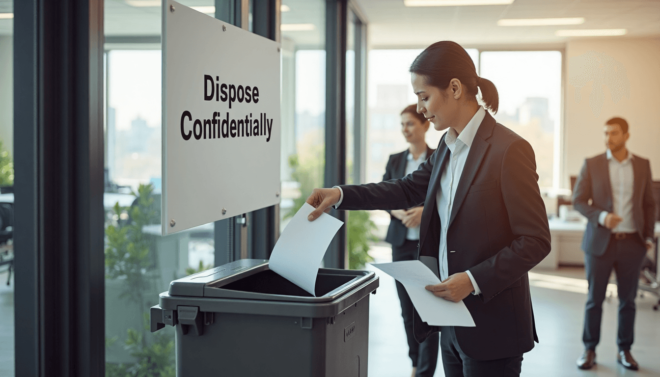 Office worker securely disposing confidential documents in locked bin