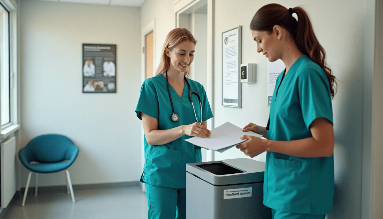 Healthcare staff use secure bin for confidential document disposal