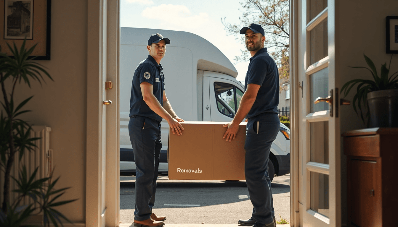 Professional movers carry sofa through bright UK home doorway