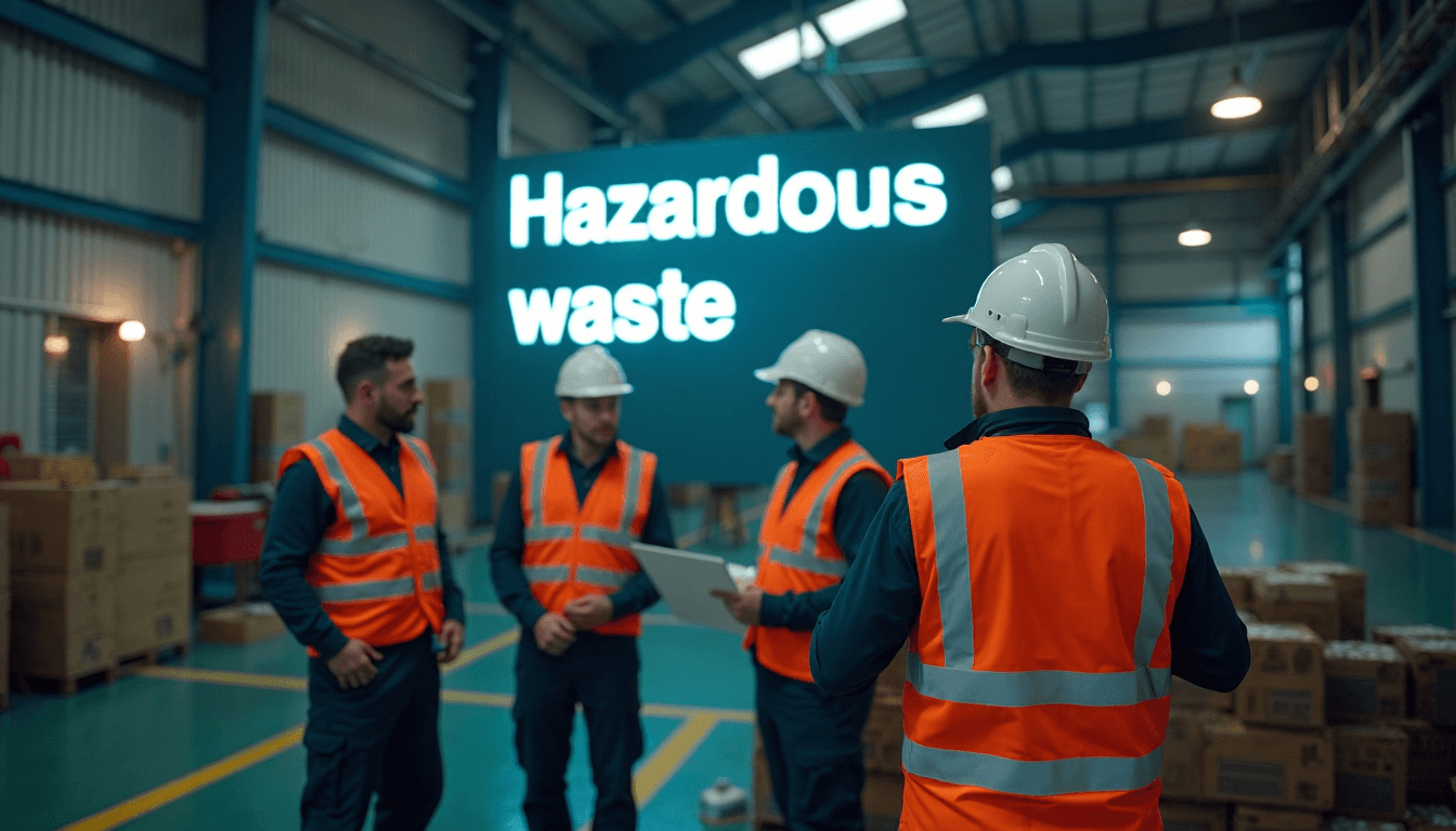 Industrial workers safely managing hazardous waste at dawn