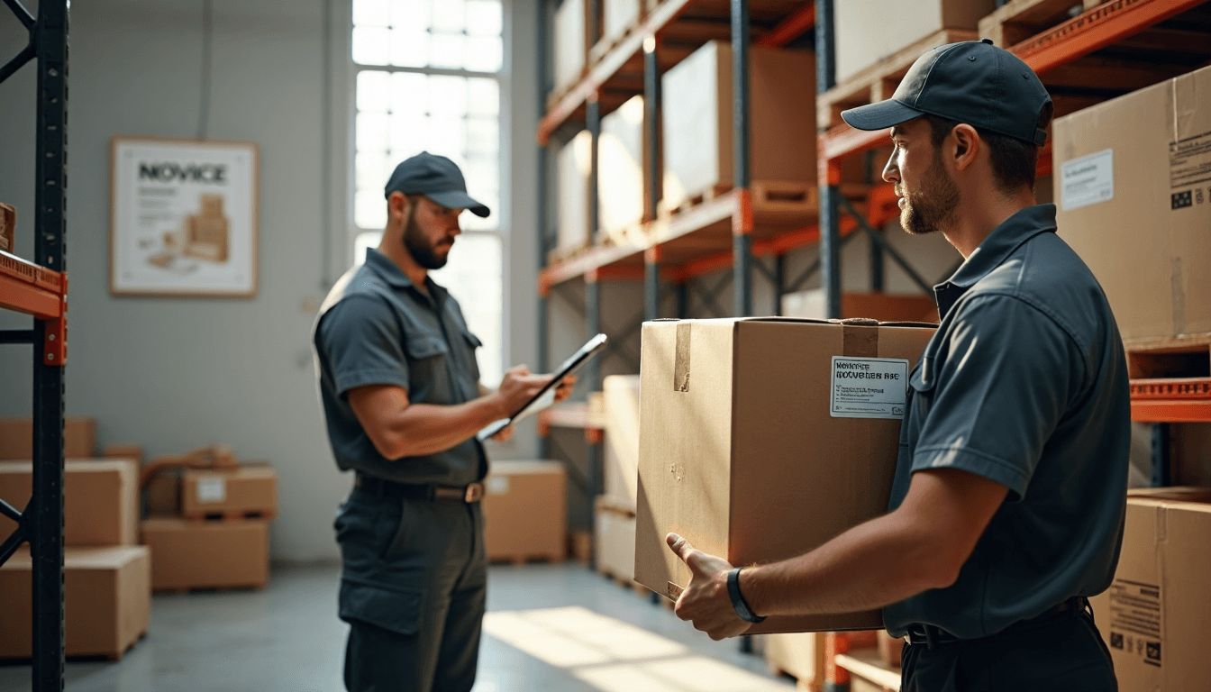 Removals worker loading labeled storage container in well-lit warehouse