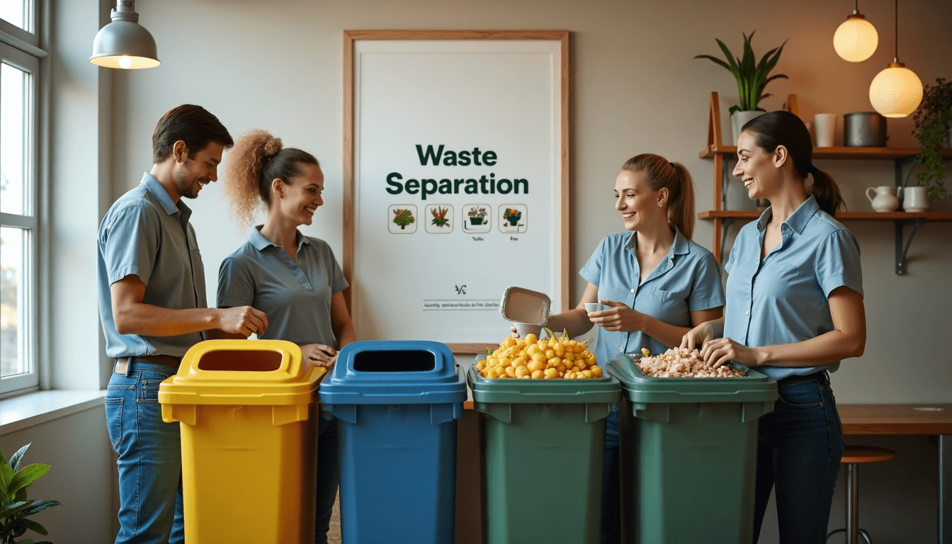 Colleagues use breakroom bins for effective waste separation