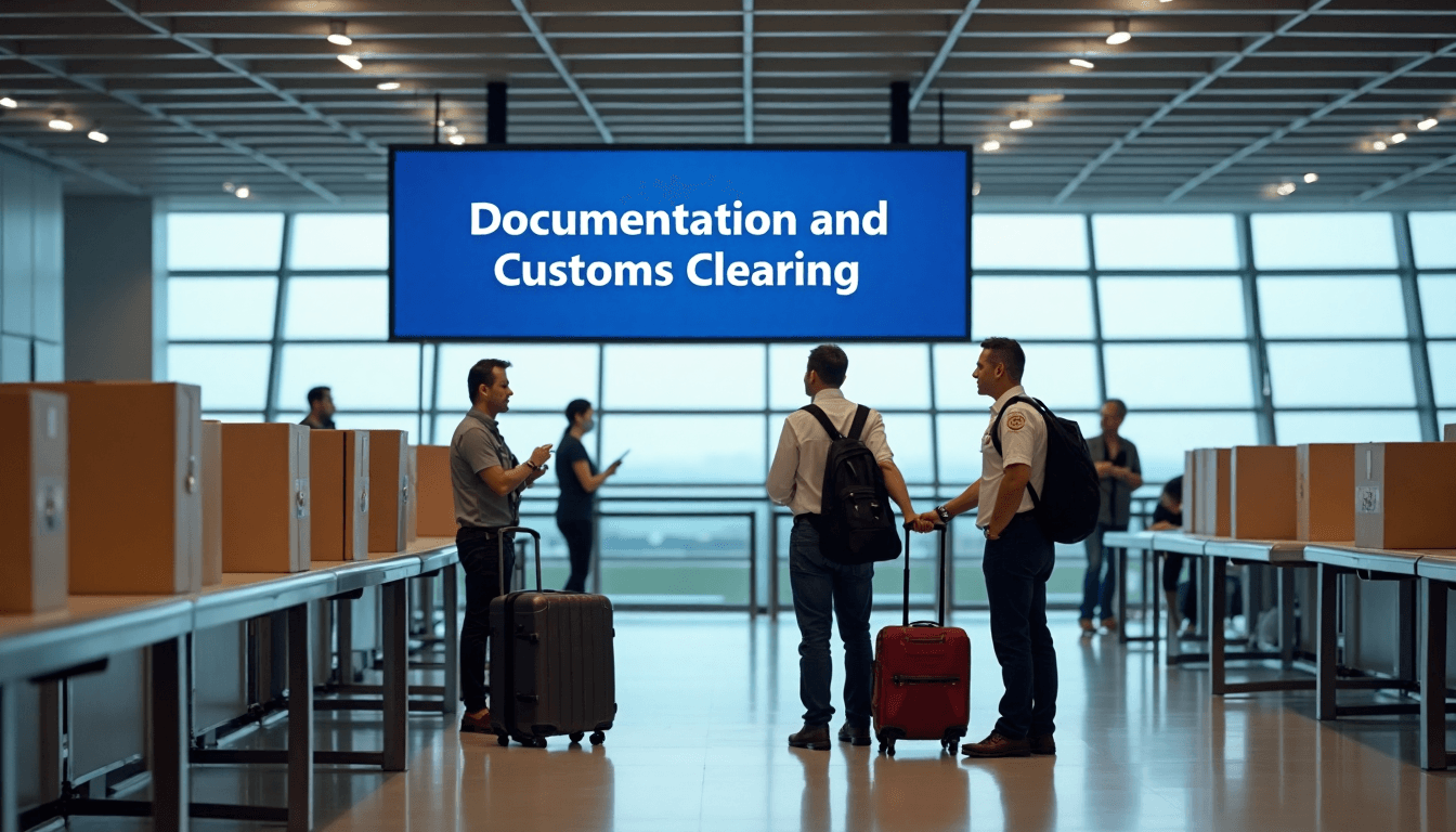 Customs officers inspect luggage at airport with documentation banner