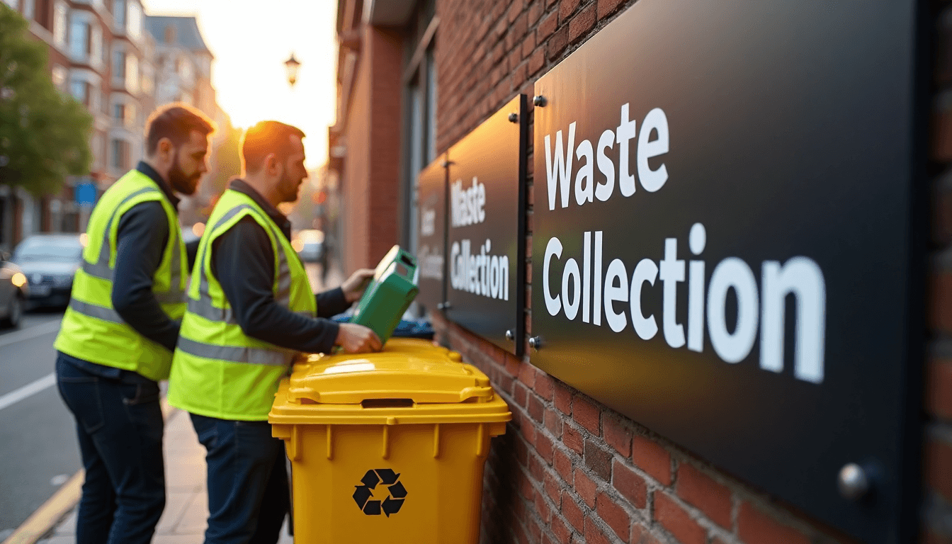 Workers separate waste outside UK office on sunny morning