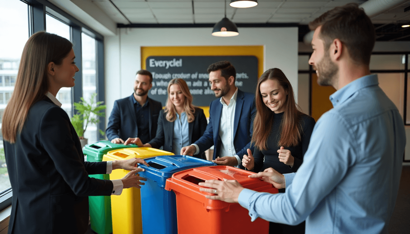 Employees sort office waste beside workflow poster