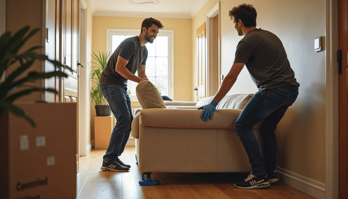 Team using sliders to move a sofa safely through a home hallway with visible safety gear
