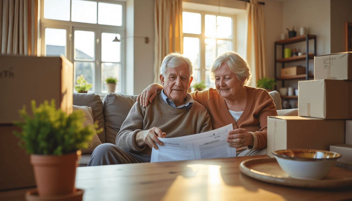 Elderly couple planning retirement move with checklist