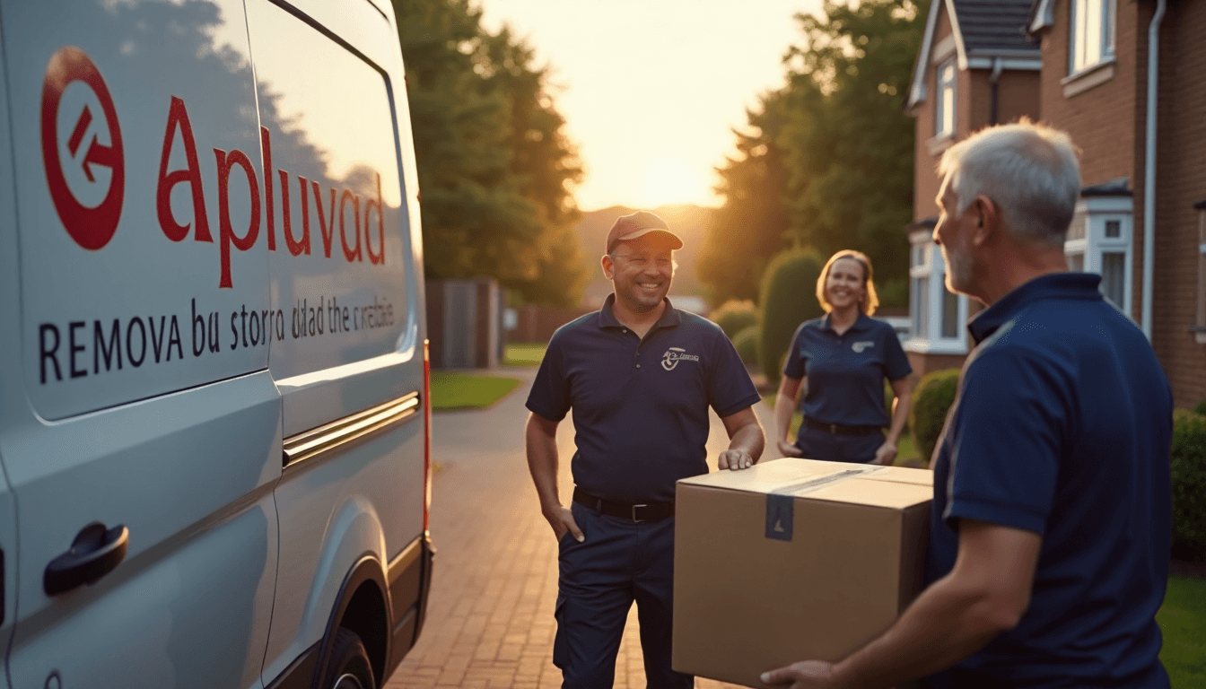 Removal team loading van as elderly couple watches