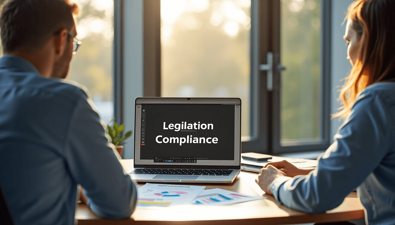 Office staff review compliance legislation on laptop at desk