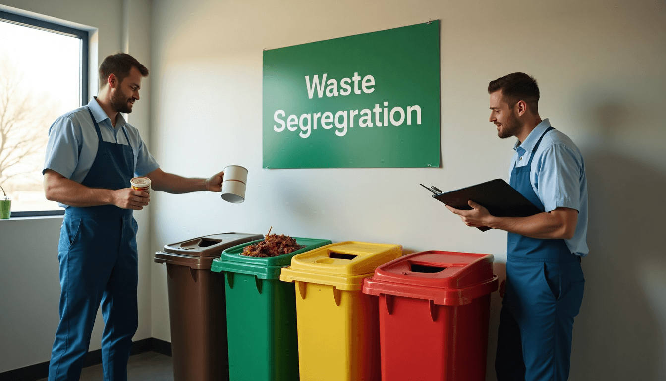 Employees sorting waste into office recycling bins under informative poster