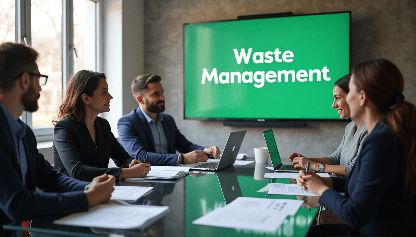 Team discussing waste management strategies in modern London office