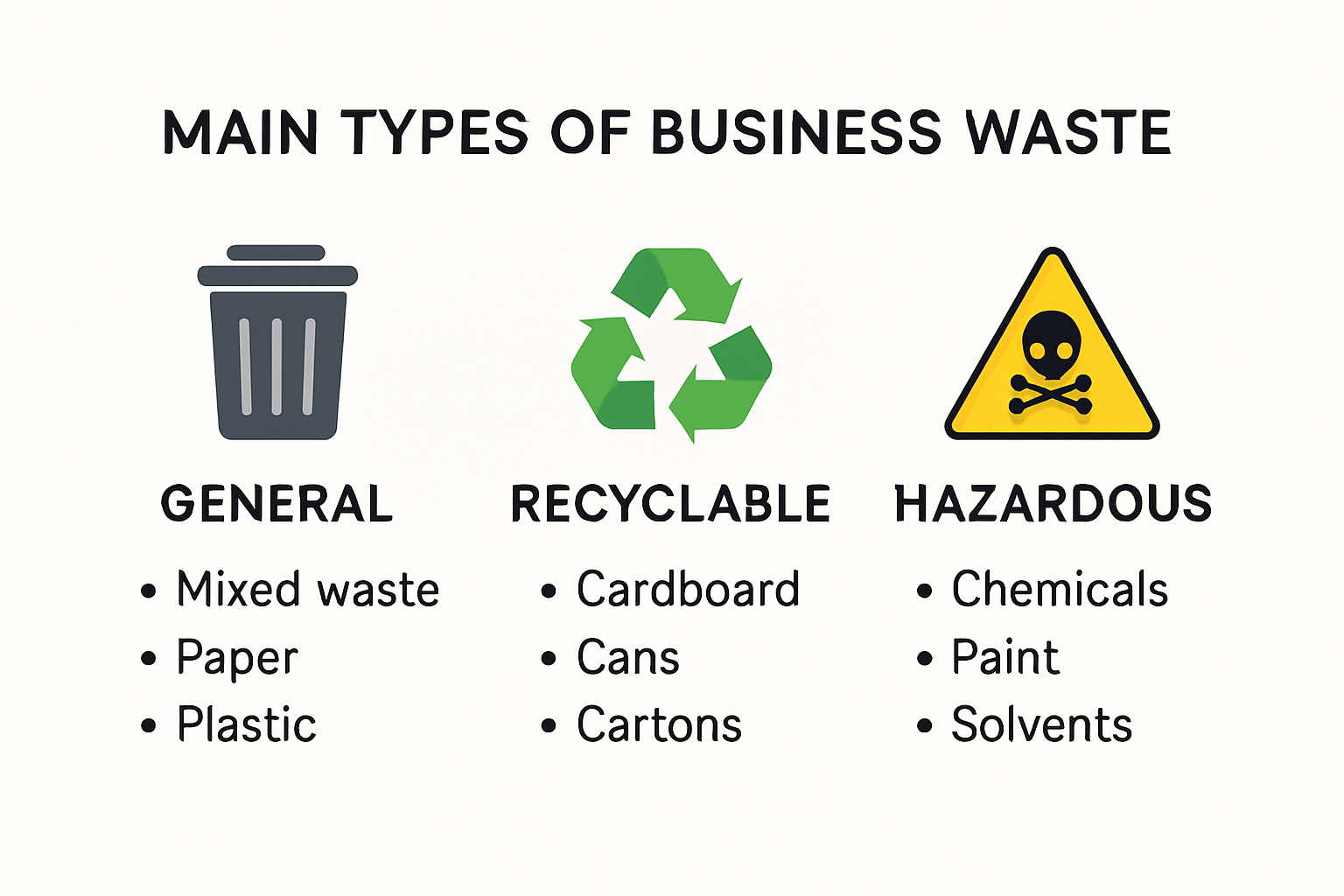 Infographic explaining main business waste types and examples