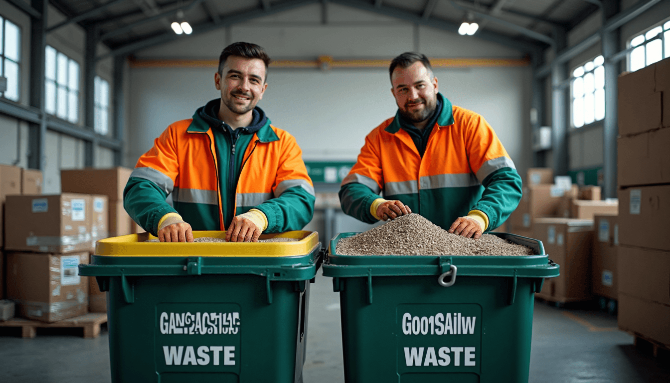 Warehouse workers sort hazardous and general waste near health risks poster