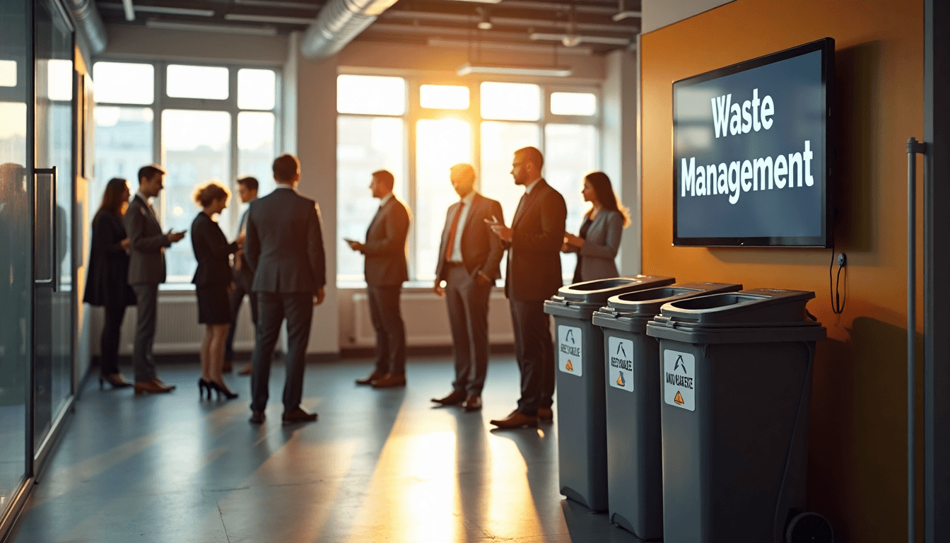 Office team at recycling station under waste management signage