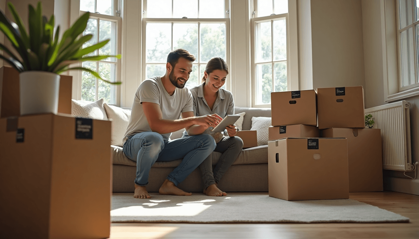 Couple packing boxes with Removals Process label visible
