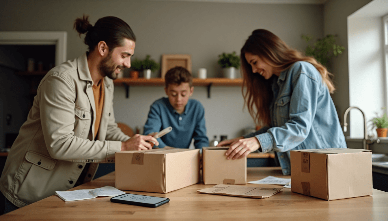 Family packing in kitchen, smartphone shows Packing & Logistics banner