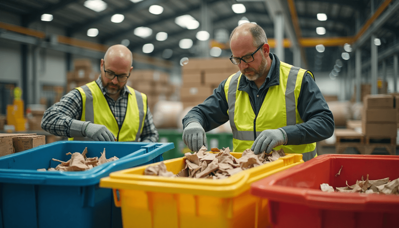 Warehouse staff sorting waste into color-coded bins