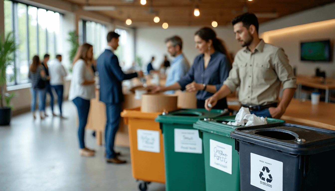 Employees sorting office waste at labeled bins near window