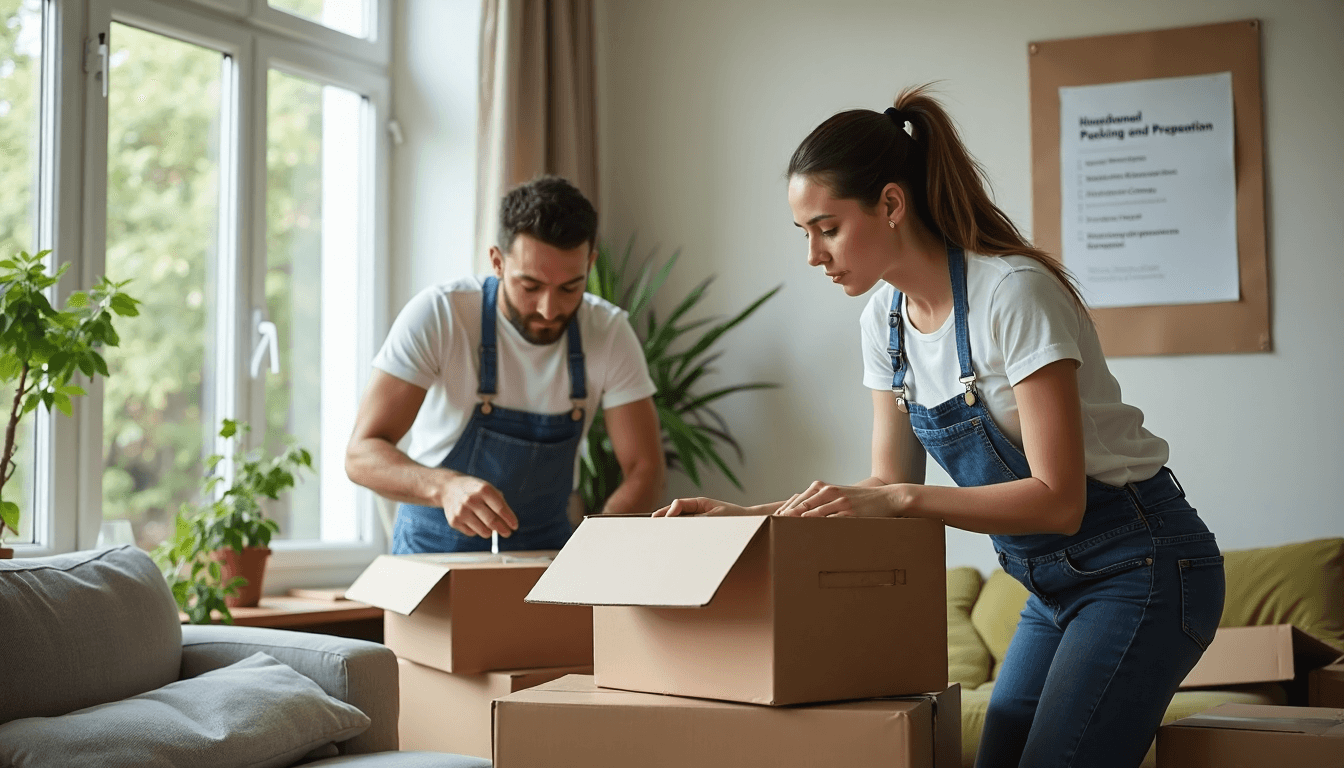 Movers methodically pack items in living room with checklist poster