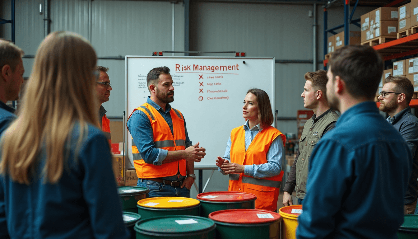 Warehouse supervisor trains staff on hazardous waste risk management and segregation