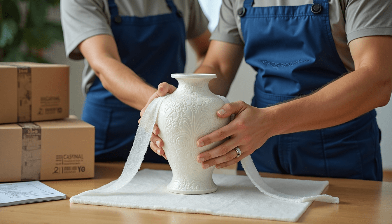 Professionals wrapping a fragile vase securely for moving in a home