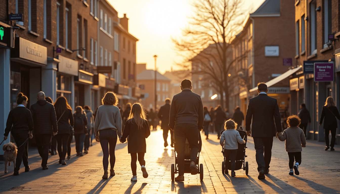 Families and professionals in Darlington town center with 'Opportunity & Wellbeing' signage