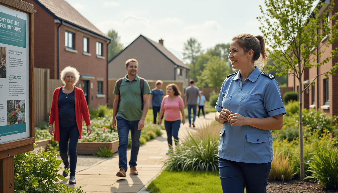 Residents and public health nurse in Darlington new homes area with 'Healthy New Town' noticeboard